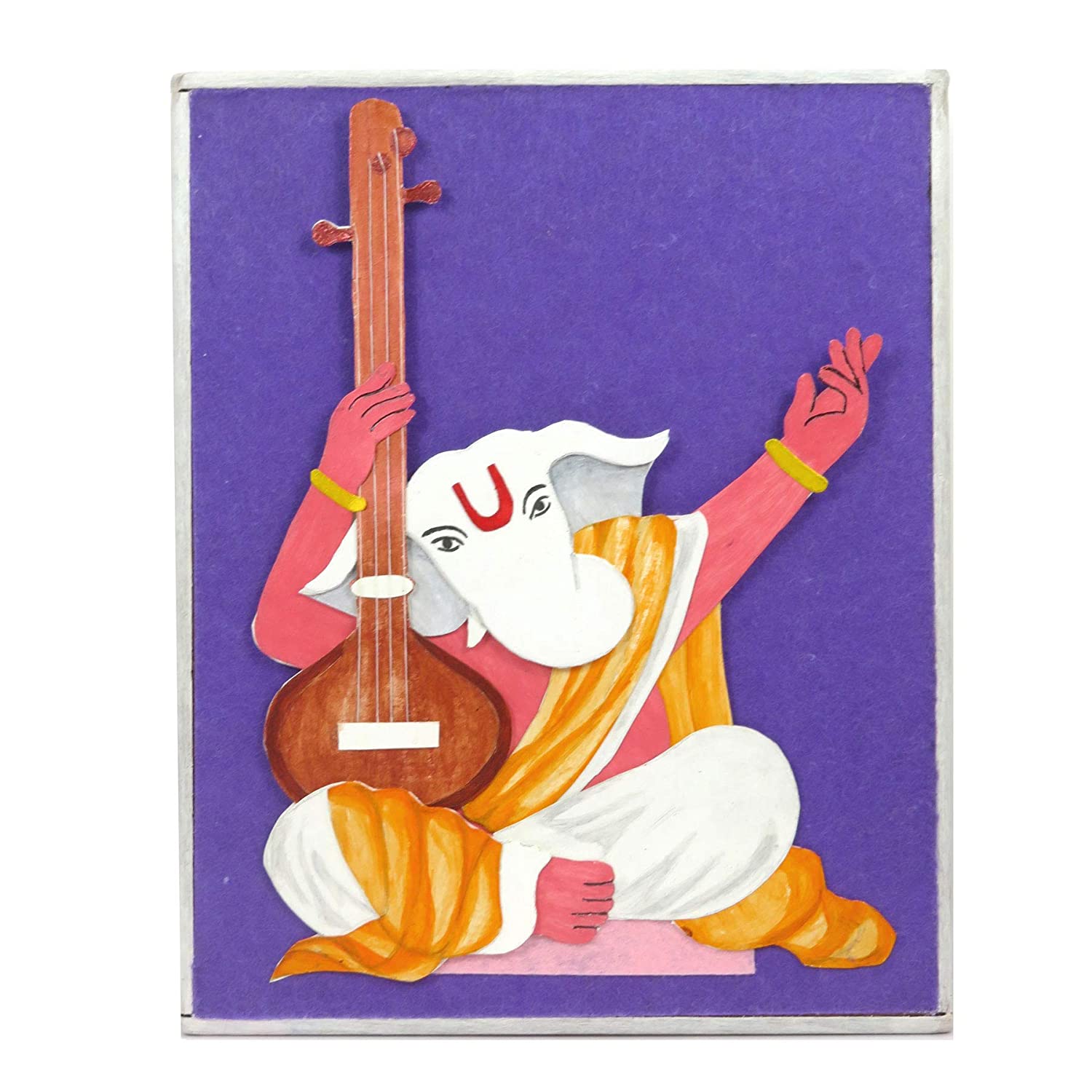 Twaksati Handmade Papercraft Wooden Bordered Ganeshji Playing Tanpura