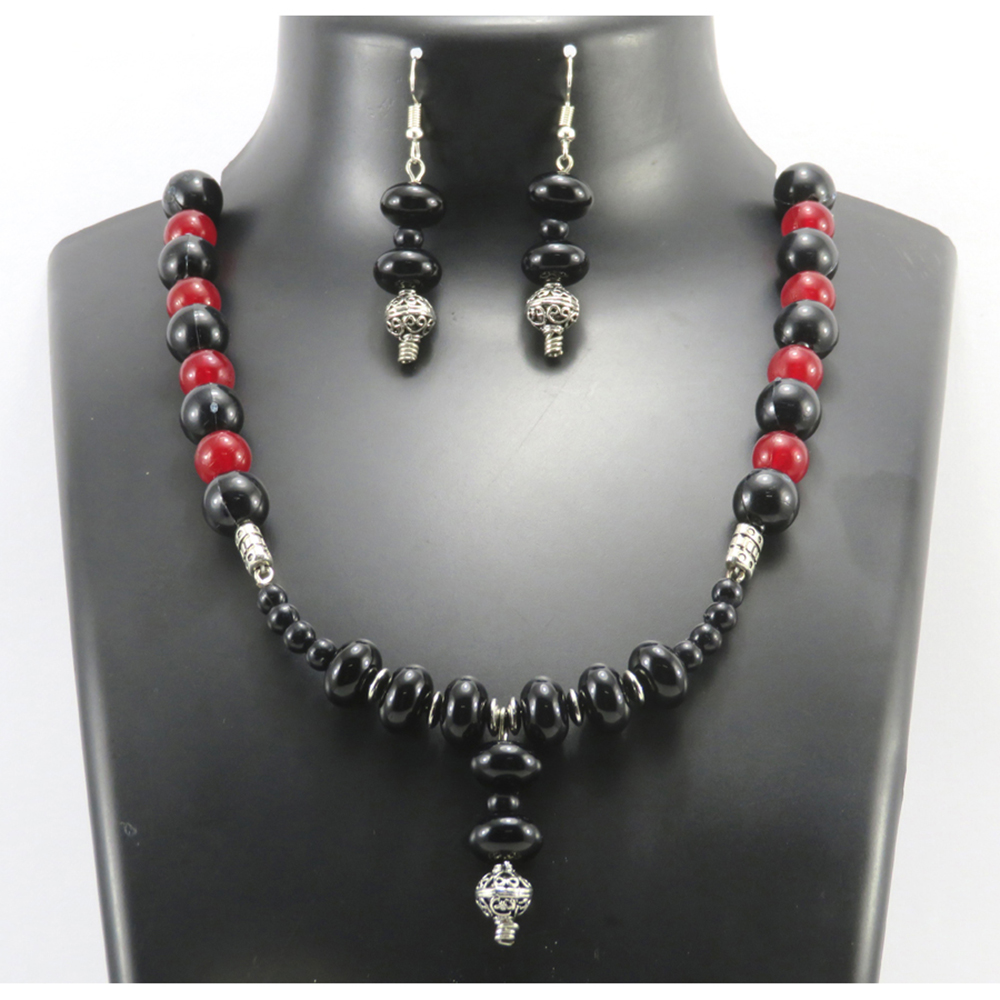Twaksati Handmade Red & Black Beads Necklace and Earring set