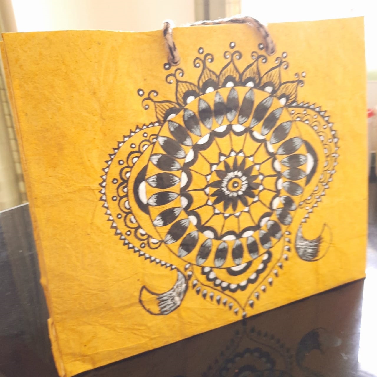 YELLOW HAND DRAWN ALPONA PAPER BAG 